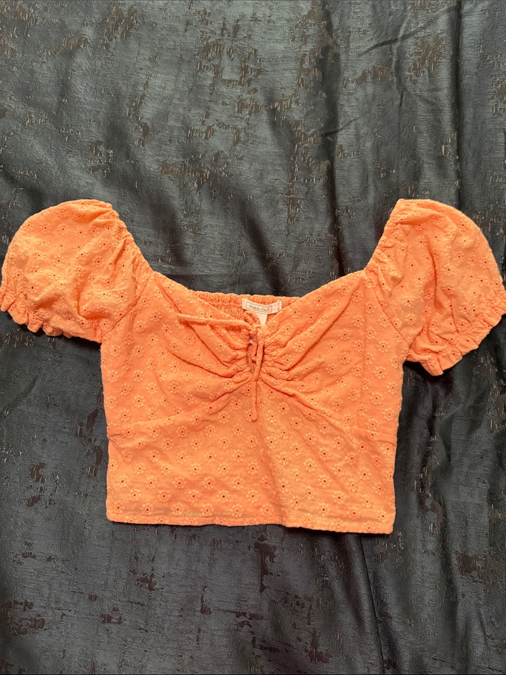 Orange Eyelet Puff-Sleeve Crop Top - Unknown Brand